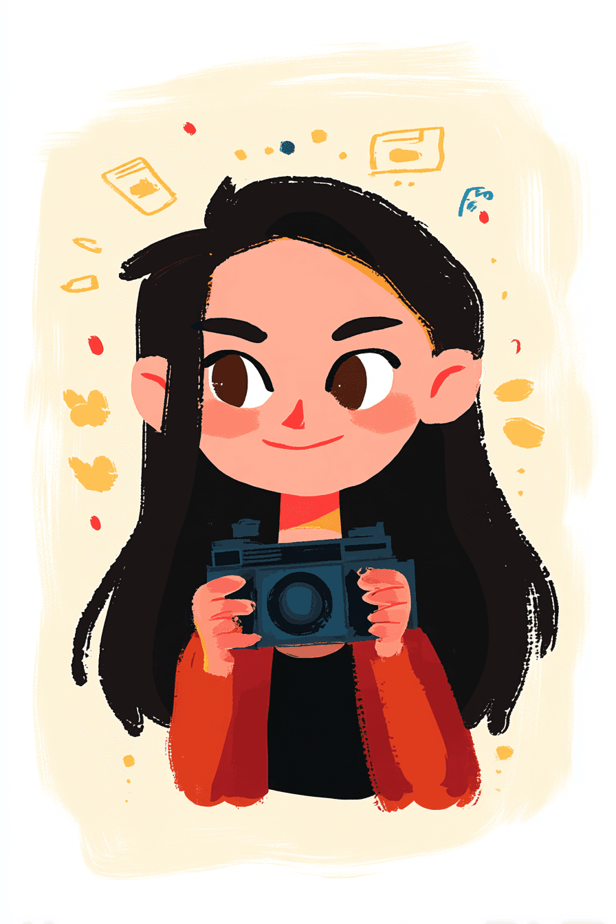 Michelle at age 7 holding a camera, in her own illustrated style