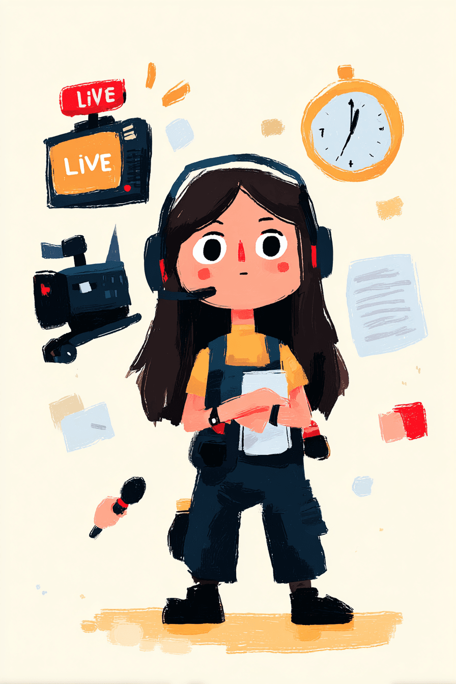 Michelle in a TV newsroom with a broadcast headset